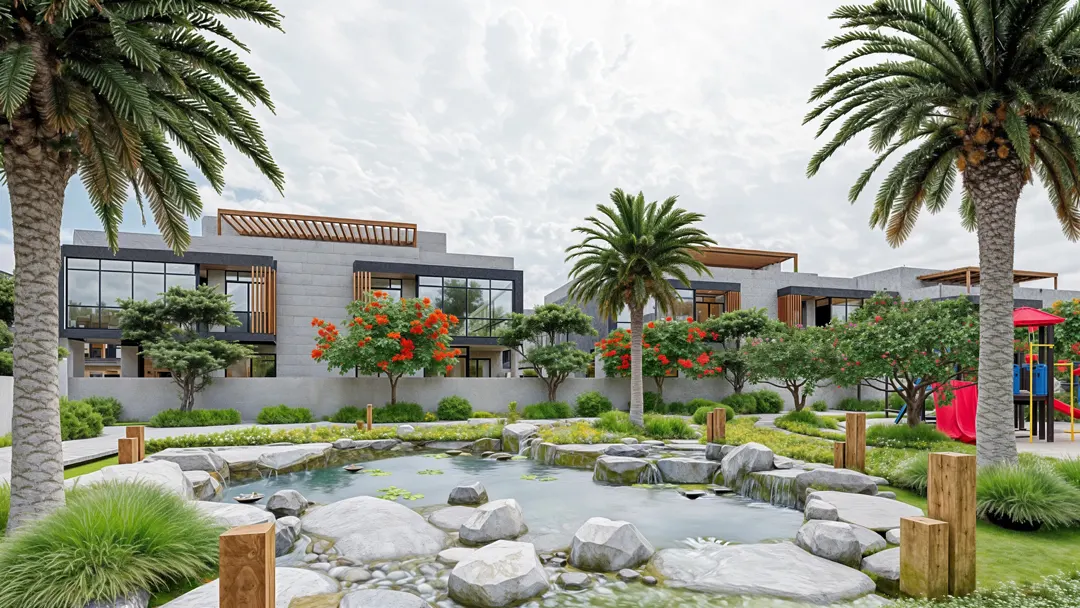 modern resort landscape architecture with swimming pool and softscape